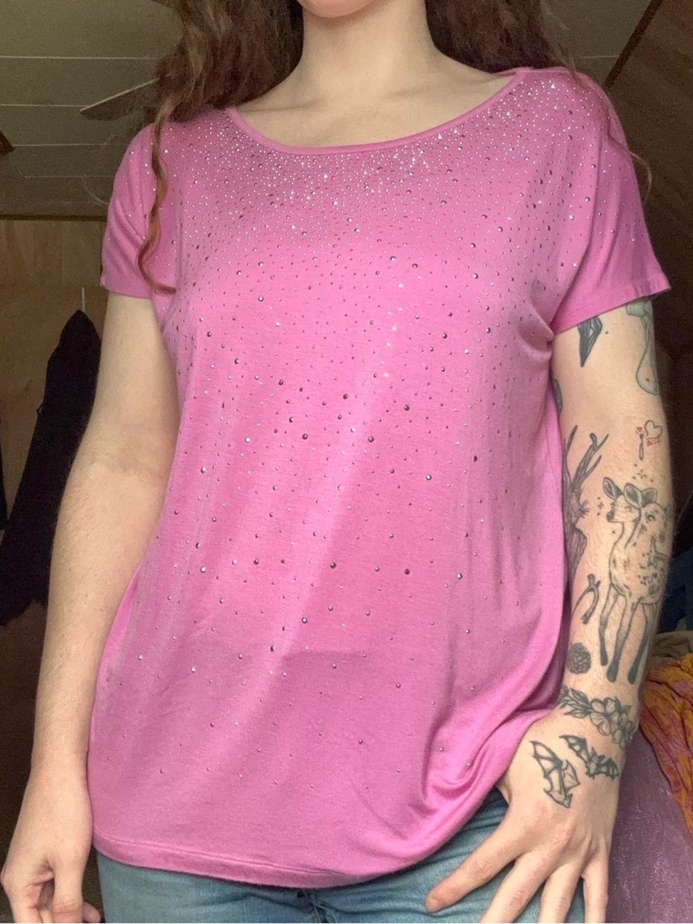 Design History Going Out Silver Bedazzled Pink Short Sleeve Slouchy Fit Tshirt